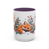 Fox Mug, Winter Berries, Cute Watercolor Animal Coffee Cup, Fox Lover Gift, 11oz 15oz Ceramic Accent Mug — 15oz / Purple — front