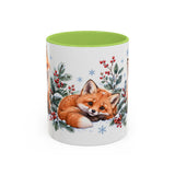 Fox Mug, Winter Berries, Cute Watercolor Animal Coffee Cup, Fox Lover Gift, 11oz 15oz Ceramic Accent Mug — 11oz / Light Green — front