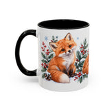 Fox Mug, Winter Berries, Cute Watercolor Animal Coffee Cup, Fox Lover Gift, 11oz 15oz Ceramic Accent Mug — 11oz / Black — left