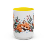 Fox Mug, Winter Berries, Cute Watercolor Animal Coffee Cup, Fox Lover Gift, 11oz 15oz Ceramic Accent Mug — 15oz / Yellow — front