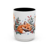 Fox Mug, Winter Berries, Cute Watercolor Animal Coffee Cup, Fox Lover Gift, 11oz 15oz Ceramic Accent Mug — 15oz / Black — front