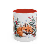 Fox Mug, Winter Berries, Cute Watercolor Animal Coffee Cup, Fox Lover Gift, 11oz 15oz Ceramic Accent Mug — 11oz / Red — front