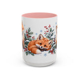 Fox Mug, Winter Berries, Cute Watercolor Animal Coffee Cup, Fox Lover Gift, 11oz 15oz Ceramic Accent Mug — 15oz / Pink — front