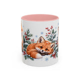 Fox Mug, Winter Berries, Cute Watercolor Animal Coffee Cup, Fox Lover Gift, 11oz 15oz Ceramic Accent Mug — 11oz / Pink — front