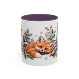 Fox Mug, Winter Berries, Cute Watercolor Animal Coffee Cup, Fox Lover Gift, 11oz 15oz Ceramic Accent Mug — 11oz / Purple — front