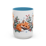 Fox Mug, Winter Berries, Cute Watercolor Animal Coffee Cup, Fox Lover Gift, 11oz 15oz Ceramic Accent Mug — 15oz / Light Blue — front