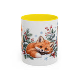 Fox Mug, Winter Berries, Cute Watercolor Animal Coffee Cup, Fox Lover Gift, 11oz 15oz Ceramic Accent Mug — 11oz / Yellow — front