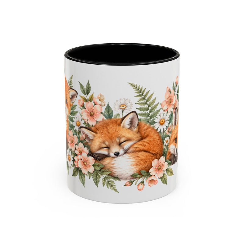 Fox Mug, Woodland Blossoms, Cute Watercolor Animal Coffee Cup, Fox Lover Gift, 11oz 15oz Ceramic Accent Mug — 11oz / Black — front