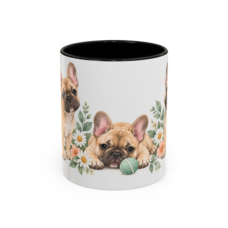 French Bulldog Mug, Cute Watercolor Dog Coffee Cup, Floral Pet Lover Gift, 11oz 15oz Ceramic Accent Mug — 11oz / Black — front