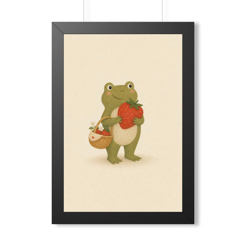 Frog with Strawberry Framed Nursery Poster | Storybook Wall Art | Kids Room Decor | Black Walnut White Frame | 16x24 20x30 — 6ad86ffc22f6b3eb1802d407_69668_124096_front