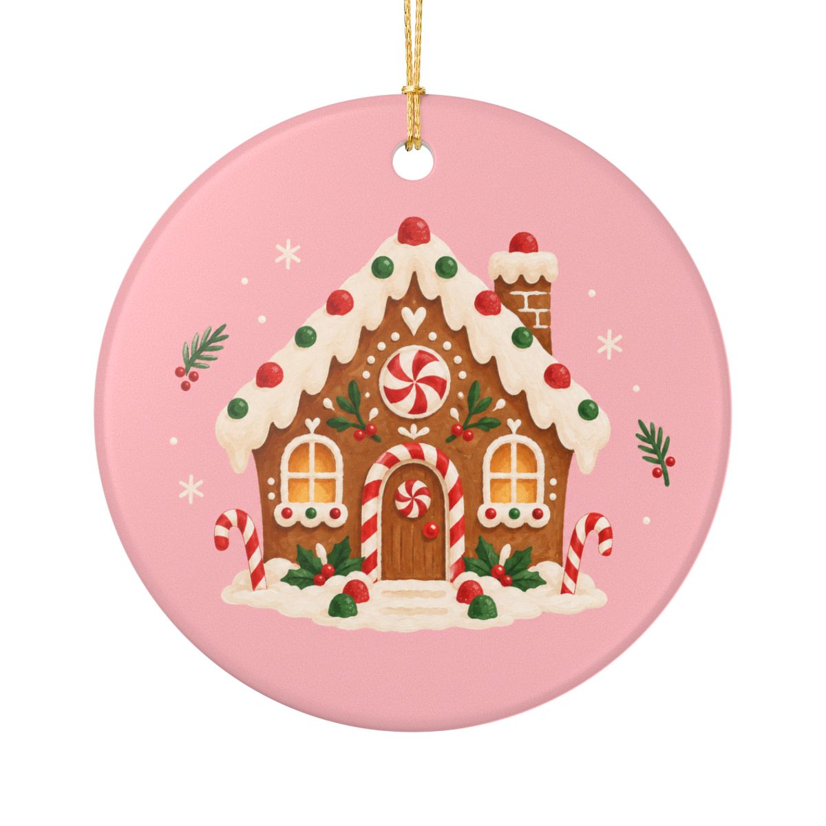 Gingerbread House Ceramic Ornament, Double Sided Round Christmas Decoration, Holiday Keepsake Gift — Front view — Photo 1