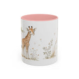 Giraffe Calf Accent Mug | Watercolor Nature Coffee Cup | 11oz 15oz Wildlife Lover Gift — 11oz / Pink — front