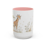 Giraffe Calf Accent Mug | Watercolor Nature Coffee Cup | 11oz 15oz Wildlife Lover Gift — 15oz / Pink — front