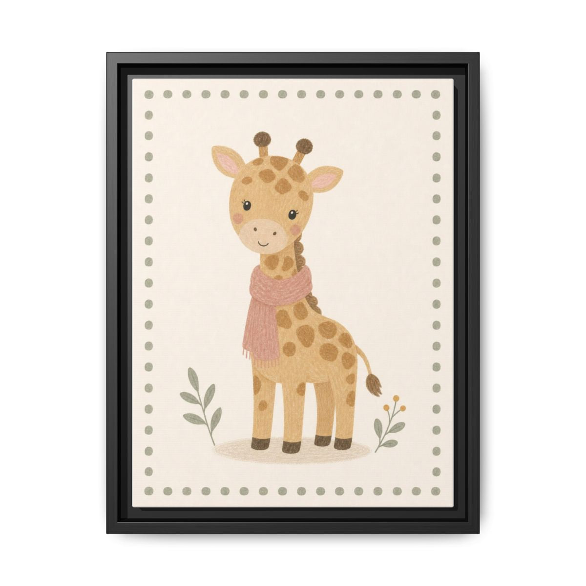 Giraffe Scarf Framed Nursery Canvas, Storybook Kids Room Wall Art, 12x16 18x24 — Front view — Photo 1