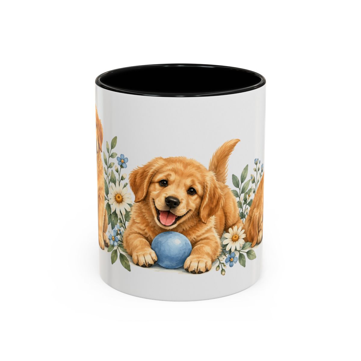 Golden Retriever Mug, Cute Watercolor Dog Coffee Cup, Floral Pet Lover Gift, 11oz 15oz Ceramic Accent Mug — 11oz / Black — front