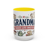 Grandma Makes Life Sweeter Coffee Mug — Gift From Grandkids — Accent Color Ceramic 11oz 15oz — Front view — Photo 14
