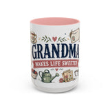 Grandma Makes Life Sweeter Coffee Mug — Gift From Grandkids — Accent Color Ceramic 11oz 15oz — Front view — Photo 7