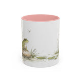 Green Frog Accent Mug | Watercolor Nature Coffee Cup | 11oz 15oz Waterside Animal Gift — 11oz / Pink — front