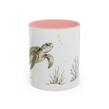 Green Sea Turtle Accent Mug | Watercolor Nature Coffee Cup | 11oz 15oz Woodland Animal Gift — 11oz / Pink — front
