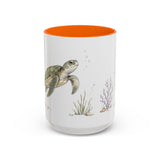 Green Sea Turtle Accent Mug | Watercolor Nature Coffee Cup | 11oz 15oz Woodland Animal Gift — 15oz / Orange — front