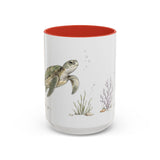 Green Sea Turtle Accent Mug | Watercolor Nature Coffee Cup | 11oz 15oz Woodland Animal Gift — 15oz / Red — front