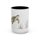 Green Sea Turtle Accent Mug | Watercolor Nature Coffee Cup | 11oz 15oz Woodland Animal Gift — 15oz / Black — front