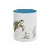 Green Sea Turtle Accent Mug | Watercolor Nature Coffee Cup | 11oz 15oz Woodland Animal Gift — 11oz / Light Blue — front