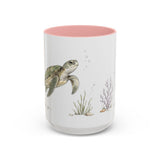 Green Sea Turtle Accent Mug | Watercolor Nature Coffee Cup | 11oz 15oz Woodland Animal Gift — 15oz / Pink — front