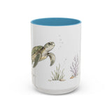 Green Sea Turtle Accent Mug | Watercolor Nature Coffee Cup | 11oz 15oz Woodland Animal Gift — 15oz / Light Blue — front