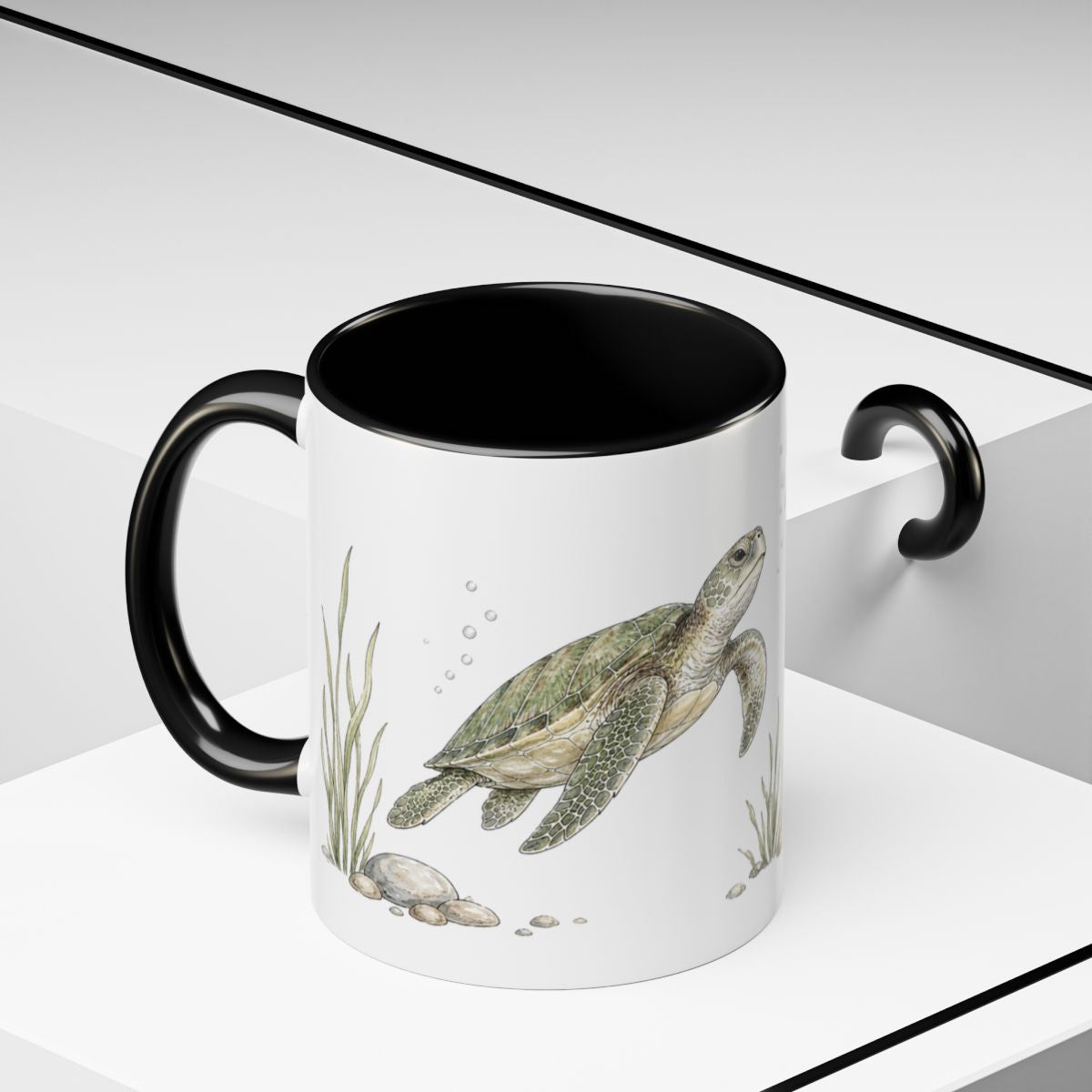 Green Sea Turtle Accent Mug | Watercolor Nature Coffee Cup | 11oz 15oz Woodland Animal Gift — 11oz / Black — context-2