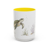 Green Sea Turtle Accent Mug | Watercolor Nature Coffee Cup | 11oz 15oz Woodland Animal Gift — 15oz / Yellow — front
