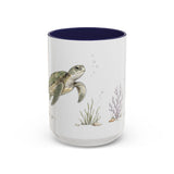 Green Sea Turtle Accent Mug | Watercolor Nature Coffee Cup | 11oz 15oz Woodland Animal Gift — 15oz / Navy — front