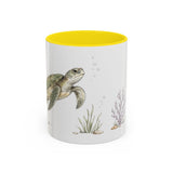 Green Sea Turtle Accent Mug | Watercolor Nature Coffee Cup | 11oz 15oz Woodland Animal Gift — 11oz / Yellow — front