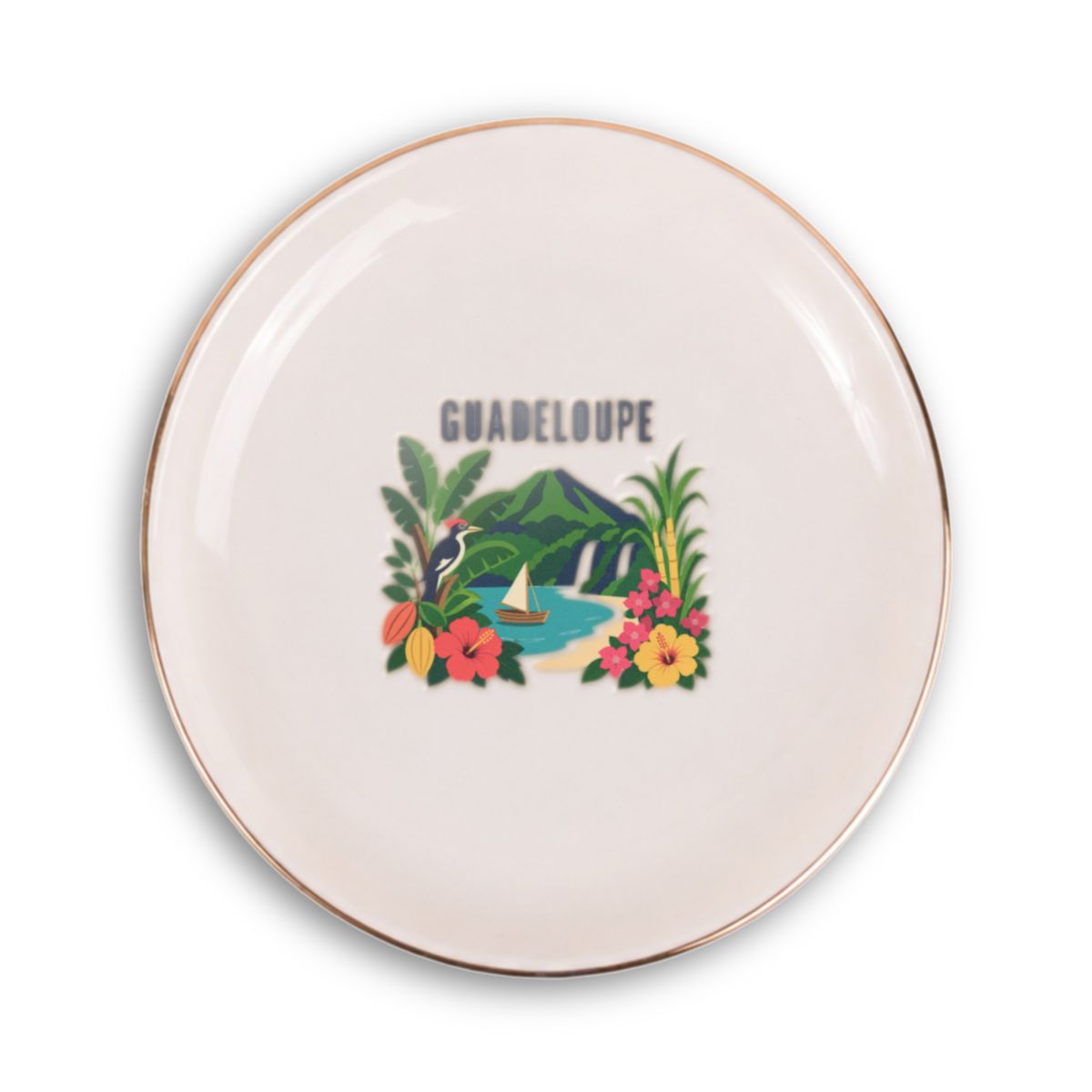 Guadeloupe Ceramic Ring Dish, Gold Rim Trinket Tray, Jewelry Holder Gift, Round Wavy Round Heart — Front view — Photo 1
