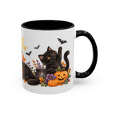 Halloween Black Cat Mug, Pumpkin Moon, Cute Animal Lover Gift, Watercolor Ceramic Coffee Cup, 11oz 15oz — 11oz / Black — right