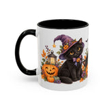 Halloween Black Cat Mug, Pumpkin Moon, Cute Animal Lover Gift, Watercolor Ceramic Coffee Cup, 11oz 15oz — 11oz / Black — left