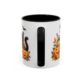 Halloween Black Cat Mug, Pumpkin Moon, Cute Animal Lover Gift, Watercolor Ceramic Coffee Cup, 11oz 15oz — 11oz / Black — back