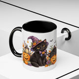 Halloween Black Cat Mug, Pumpkin Moon, Cute Animal Lover Gift, Watercolor Ceramic Coffee Cup, 11oz 15oz — 11oz / Black — context-2