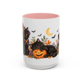 Halloween Black Cat Mug, Pumpkin Moon, Cute Animal Lover Gift, Watercolor Ceramic Coffee Cup, 11oz 15oz — 15oz / Pink — front