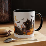 Halloween Black Cat Mug, Pumpkin Moon, Cute Animal Lover Gift, Watercolor Ceramic Coffee Cup, 11oz 15oz — 11oz / Black — context-1