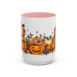 Halloween Capybara Mug, Pumpkin Patch, Cute Animal Lover Gift, Watercolor Ceramic Coffee Cup, 11oz 15oz — 15oz / Pink — front