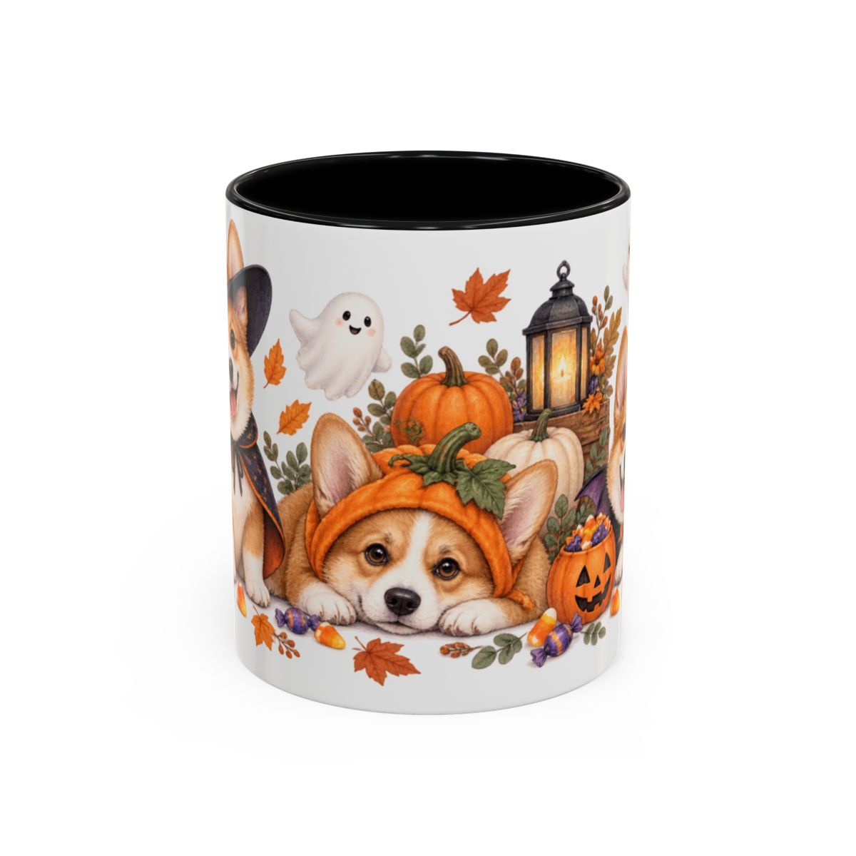 Halloween Corgi Mug, Candy Parade, Cute Animal Lover Gift, Watercolor Ceramic Coffee Cup, 11oz 15oz — 11oz / Black — front