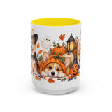 Halloween Corgi Mug, Candy Parade, Cute Animal Lover Gift, Watercolor Ceramic Coffee Cup, 11oz 15oz — 15oz / Yellow — front