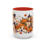 Halloween Corgi Mug, Candy Parade, Cute Animal Lover Gift, Watercolor Ceramic Coffee Cup, 11oz 15oz — 15oz / Red — front