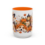 Halloween Corgi Mug, Candy Parade, Cute Animal Lover Gift, Watercolor Ceramic Coffee Cup, 11oz 15oz — 15oz / Orange — front