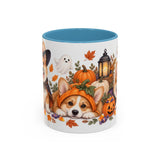 Halloween Corgi Mug, Candy Parade, Cute Animal Lover Gift, Watercolor Ceramic Coffee Cup, 11oz 15oz — 11oz / Light Blue — front