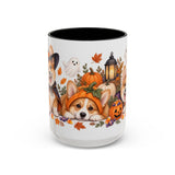 Halloween Corgi Mug, Candy Parade, Cute Animal Lover Gift, Watercolor Ceramic Coffee Cup, 11oz 15oz — 15oz / Black — front