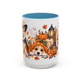 Halloween Corgi Mug, Candy Parade, Cute Animal Lover Gift, Watercolor Ceramic Coffee Cup, 11oz 15oz — 15oz / Light Blue — front