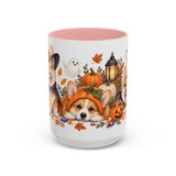 Halloween Corgi Mug, Candy Parade, Cute Animal Lover Gift, Watercolor Ceramic Coffee Cup, 11oz 15oz — 15oz / Pink — front