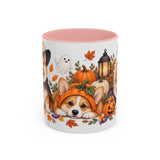 Halloween Corgi Mug, Candy Parade, Cute Animal Lover Gift, Watercolor Ceramic Coffee Cup, 11oz 15oz — 11oz / Pink — front